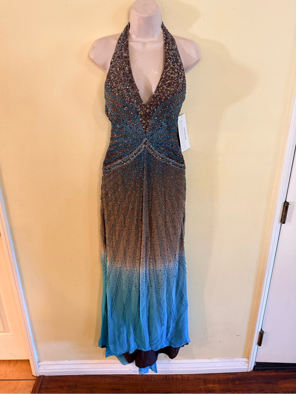 Jasz Couture Beaded halter Ombre Evening Gown in Teal and Brown size 10